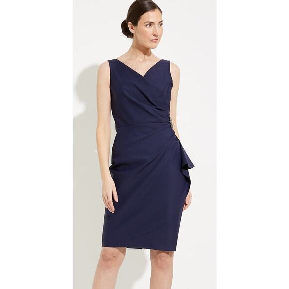 Alex Evenings Jeweled Sheath Dress Knee Length V NeckBlue NWT 6
